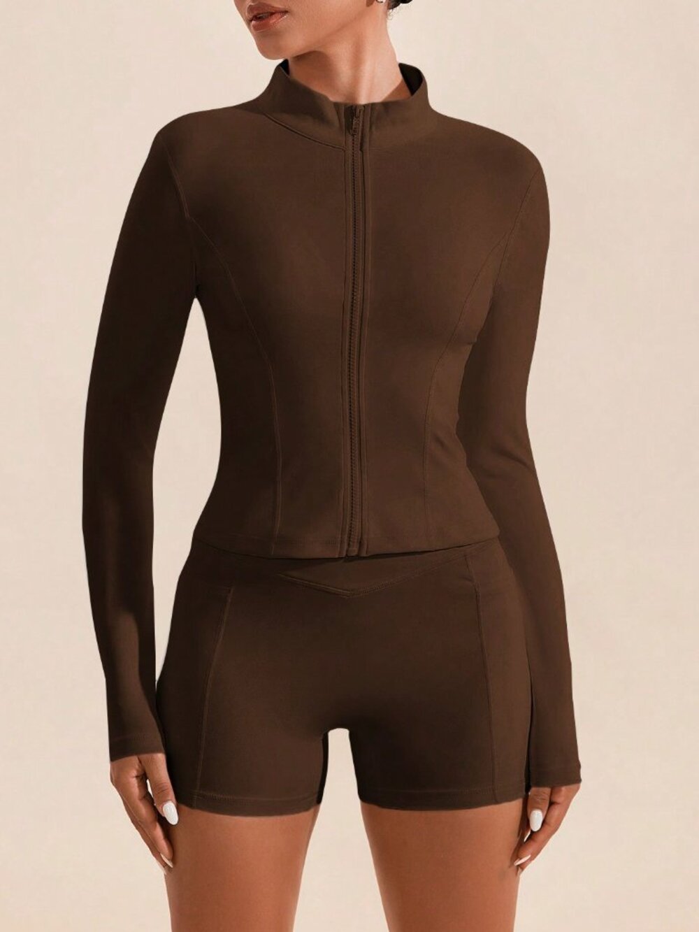 Brown Casual Women's High Neck Long Sleeves Skinny Sports Sets